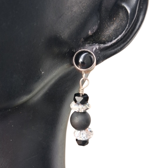 Vintage Sterling Silver Rock Crystal & Onyx Geometric Drop Earrings